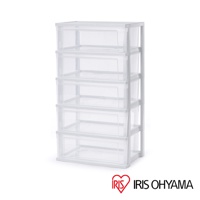 簡約的白色框架搭配五個透明塑膠抽屜，此收納櫃展示了其堅固的結構與實用的設計。