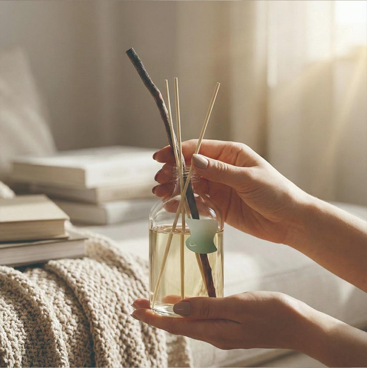 雙手拿著一瓶裝有擴香液和竹籤的玻璃瓶，瓶身有一枚淺綠色的葉子裝飾