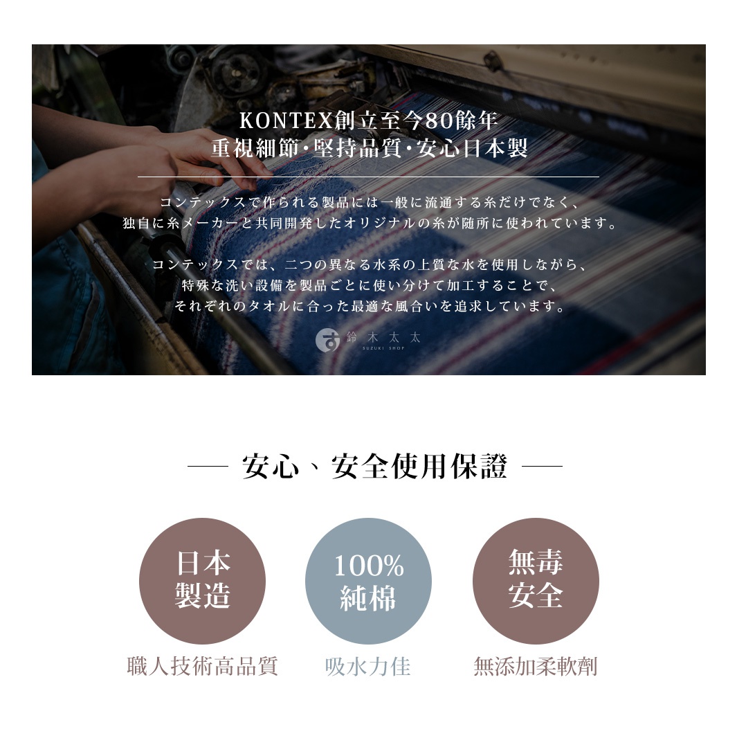 圖片文字：KONTEX創立至今80餘年重視細節堅持品質安心日本製。コンテックスで作られる製品には一般に流通する糸だけでなく、独自に糸メーカーと共同開発したオリジナルの糸が随所に使われています。コンテックスでは、二つの異なる水系の上質な水を使用しながら、特殊な洗い設備を製品ごとに使い分けて加工することで、それぞれのタオルに合った最適な風合いを追求しています。安心、安全使用保證。日本製造職人技術高品質