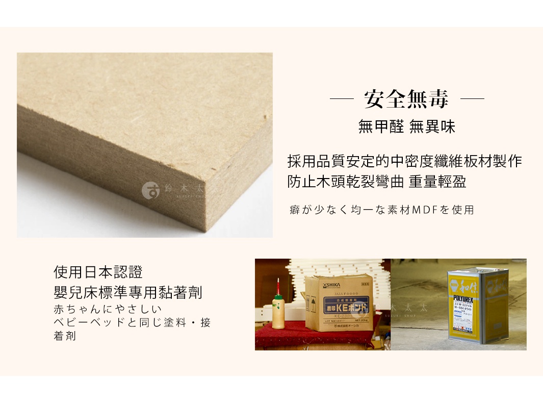 癖が少なく均一な素材MDFを使用
採用品質安定的中密度纖維板材製作
防止木頭乾裂彎曲 重量輕盈 

赤ちゃんにやさしい 
ベビーベッドと同じ塗料・接着剤
使用日本認證 嬰兒床標準專用黏著劑
安全無毒 無甲醛 無異味
