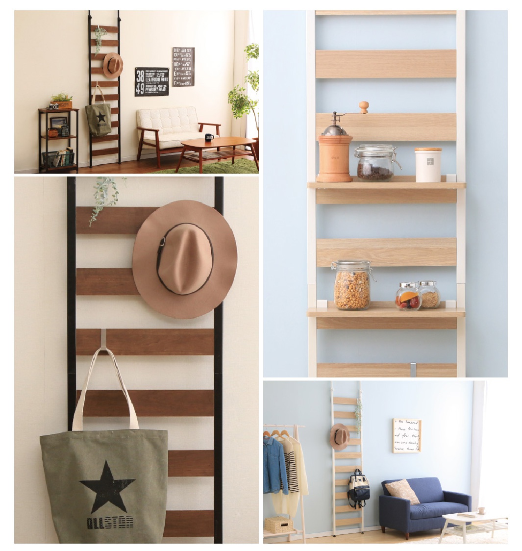 頂天立地收納掛架 WLR-T66，木質層板搭配白色框架，可懸掛帽子、包袋，並放置儲物罐與裝飾品。