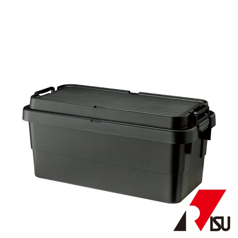 TRUNK CARGO 70L 可堆疊收納箱，黑色，由堅固的塑膠製成，帶有兩個側邊的鎖扣和可開啟的頂部蓋子，適合戶外或居家收納。