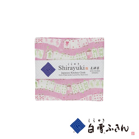 粉紅色友禪染多用途白雪拭巾，織有日式圖案，材質為高質感細網布。