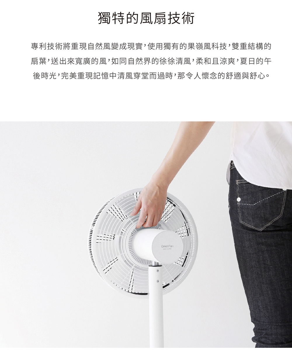 The GreenFan 風扇，採用經典的白色機身與金色點綴，具有簡約現代的設計。風扇網罩為白色，內部結構精巧，中央印有品牌標誌。