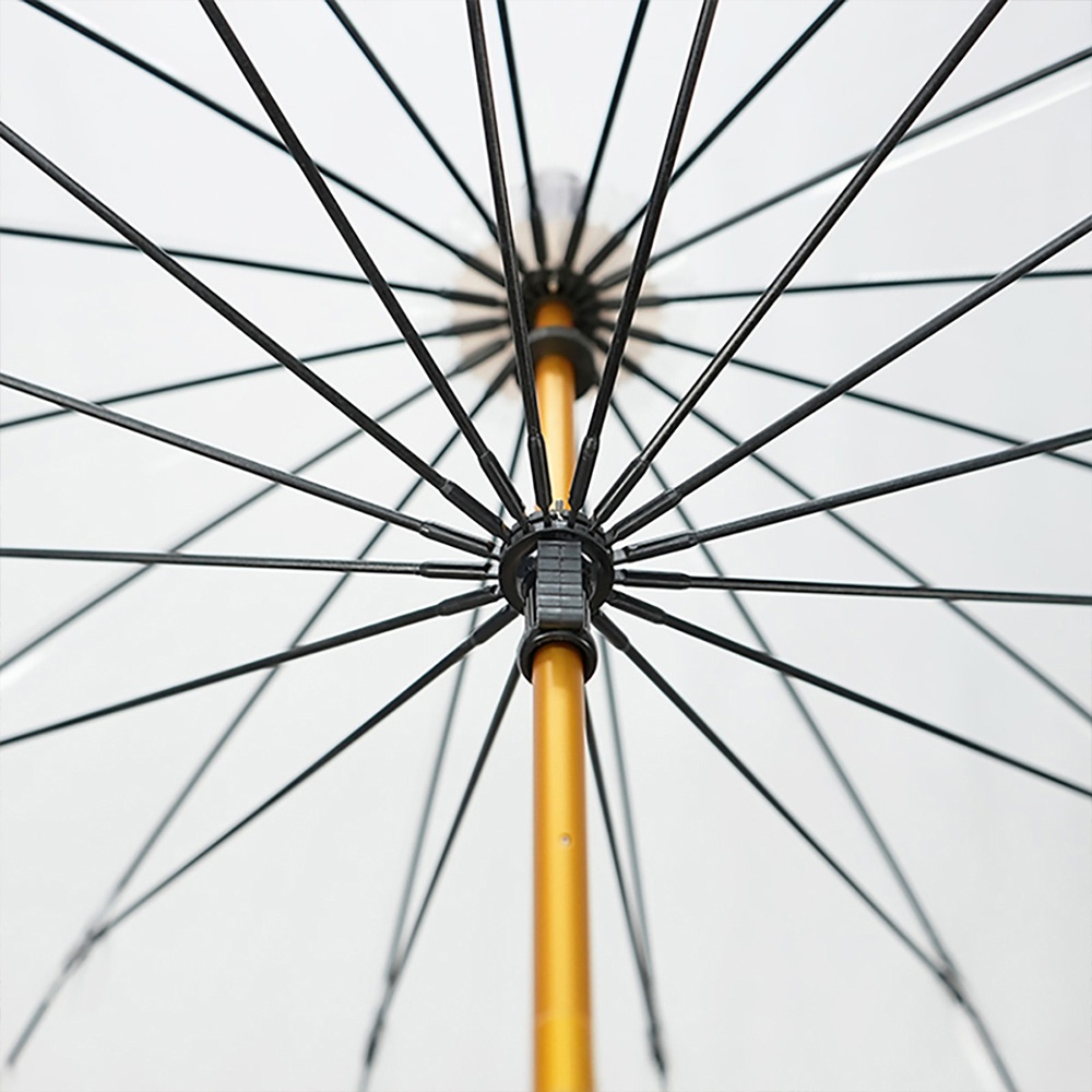 職人高級樺木透明傘的傘骨結構，展示金屬傘骨與金色樺木傘柄，傘面為透明材質。