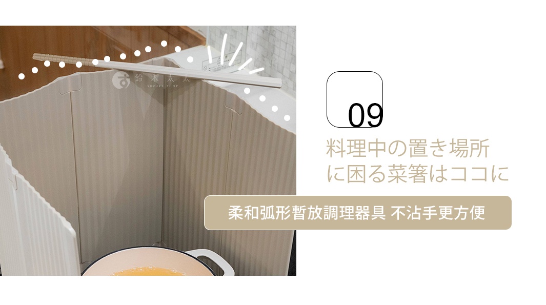 淺米色六片式摺疊廚房隔板，材質為塑膠，表面有直條紋理，用於阻擋油污噴濺，可彎曲收納。