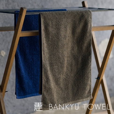 兩條毛巾，一條深藍色，一條卡其色，皆為柔軟的棉質材質，掛在木製晾衣架上。