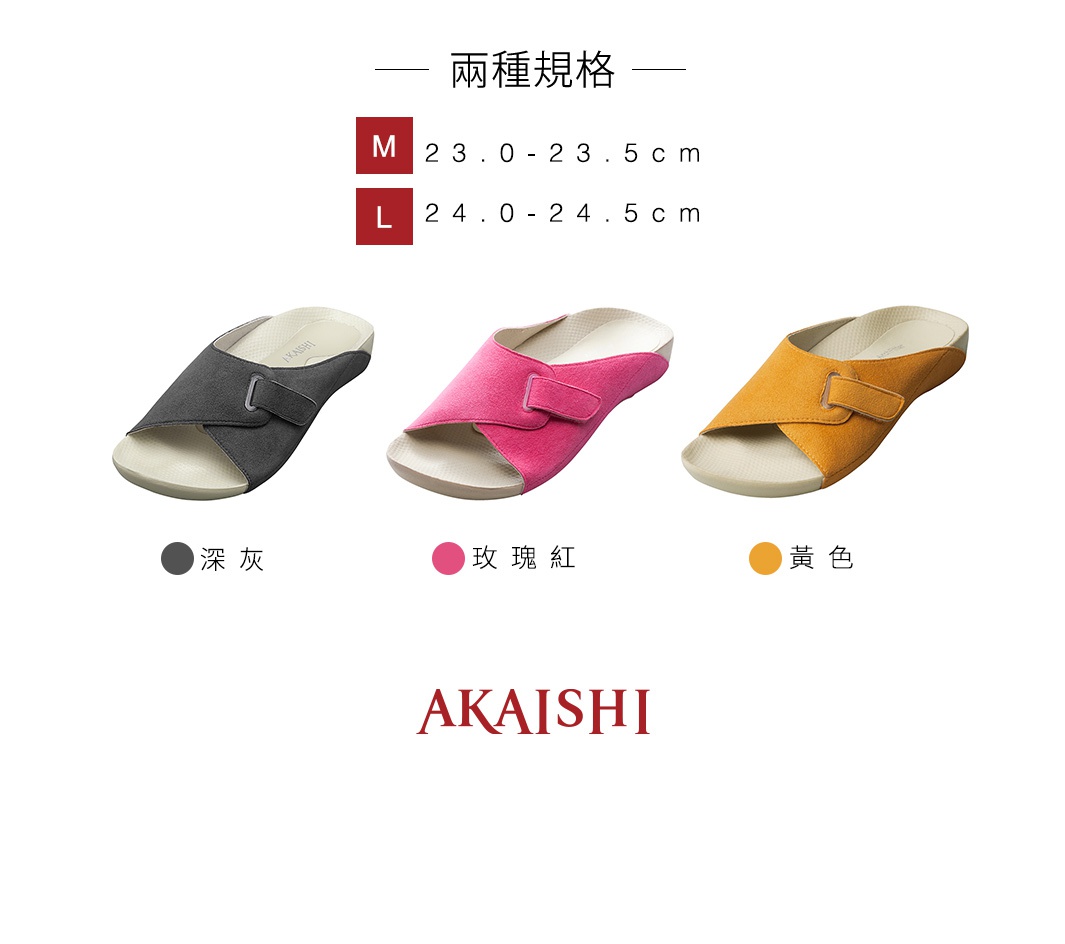 三雙指壓彈性室內拖鞋，分別為深灰、玫瑰紅和黃色，皆為交叉帶設計，鞋底為淺米色。