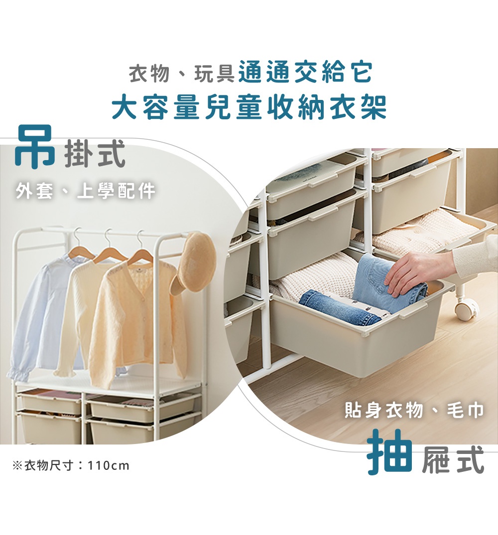 圖片文字：衣物、玩具通通交給它，大容量兒童收納衣架，吊掛式，外套、上學配件，貼身衣物、毛巾，抽屜式，衣物尺寸110公分。 這是一款燕麥色的兒童收納衣架，左側為吊掛式設計，上方掛有兒童外套與上衣，右側為多層抽屜式收納，展示了收納貼身衣物與毛巾的情境，整體外觀簡約實用。