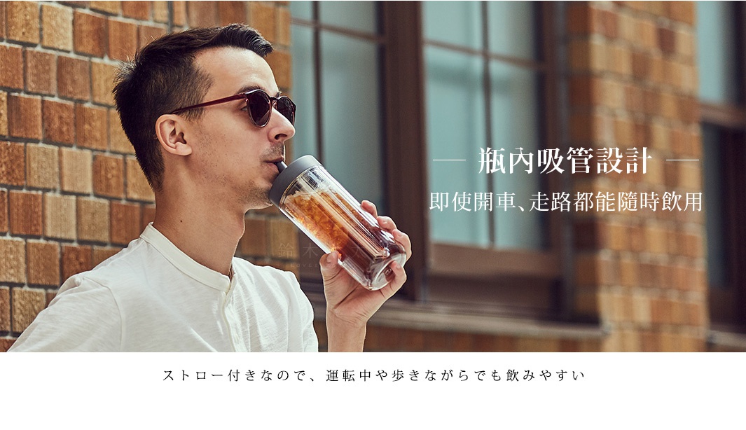 一位戴著太陽眼鏡的男子正飲用一個透明的雙層隨手瓶，瓶內裝有冰塊和深色飲料。瓶身為透明塑料或玻璃材質，瓶蓋和吸管為深灰色。