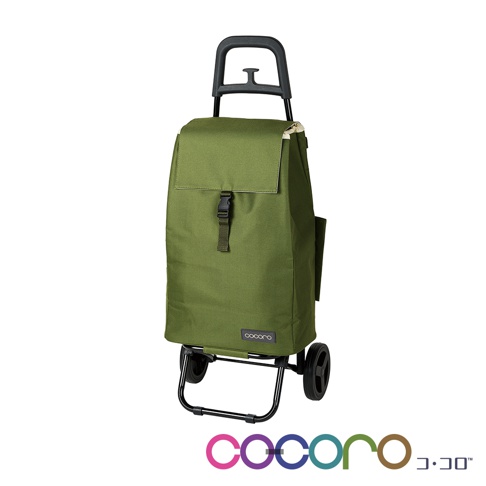 綠色輕量折疊購物車，配有黑色手柄和輪子，主體為帆布材質，設有可調節扣帶和側面口袋。