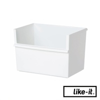 白色塑膠製可堆疊寬型整理收納盒，高款設計，開放式開口，邊緣有圓弧形狀，適合居家或辦公室收納。