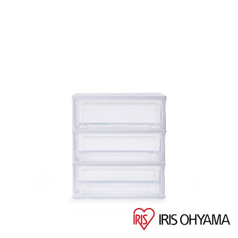 日本三層抽屜式透明收納櫃，採用透明塑膠材質，白色邊框，每個抽屜皆可獨立抽取，整體堆疊組合，適合居家收納。