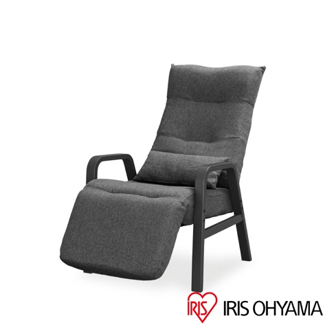 一張深灰色布藝躺椅，帶有黑色木質扶手，椅背和腳踏板均可多段調節，配有可拆卸頭枕。
