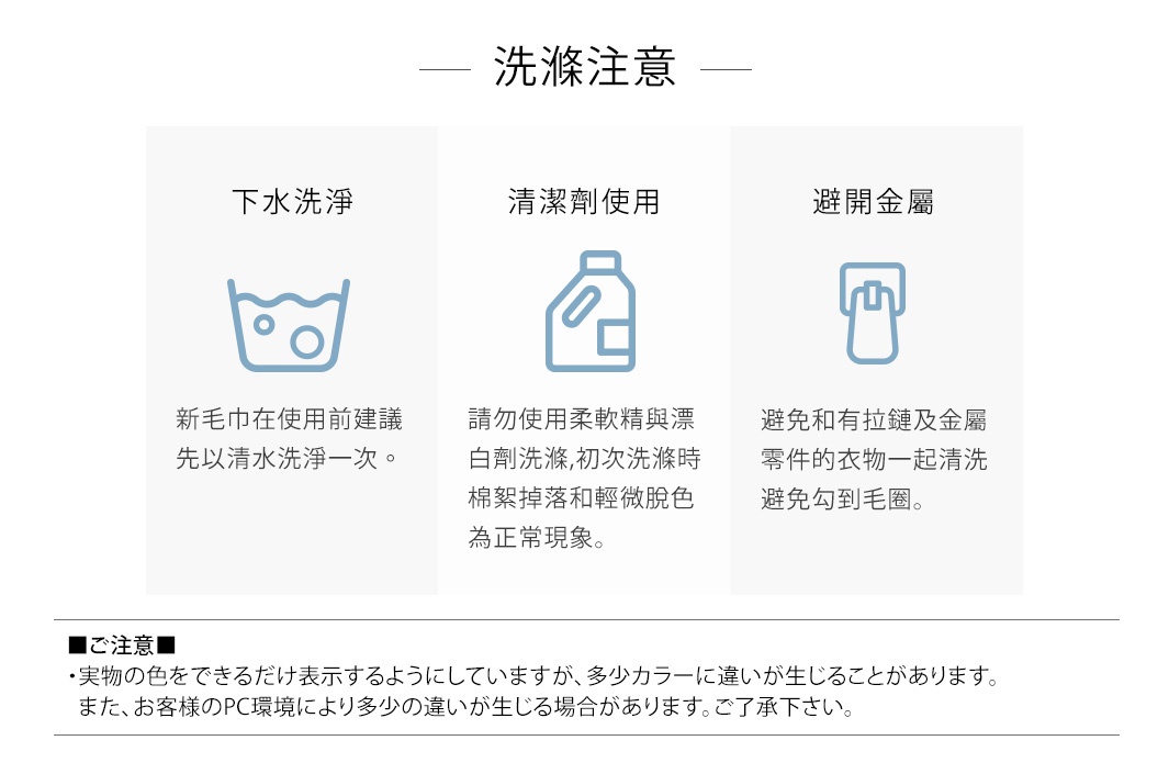 TAFFUL強悍耐洗速乾浴巾的洗滌說明，包含下水洗淨、清潔劑使用、避開金屬的圖示與文字說明。