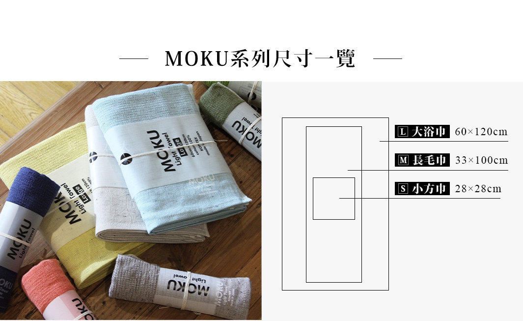 MOKU系列超速乾輕薄小方巾，展示多種顏色，包括淺藍、米白、淺黃、深藍、珊瑚紅和灰色，質料輕薄，部分產品包裝上有「MOKU light towel」字樣。右側圖示說明了L、M、S三種尺寸。