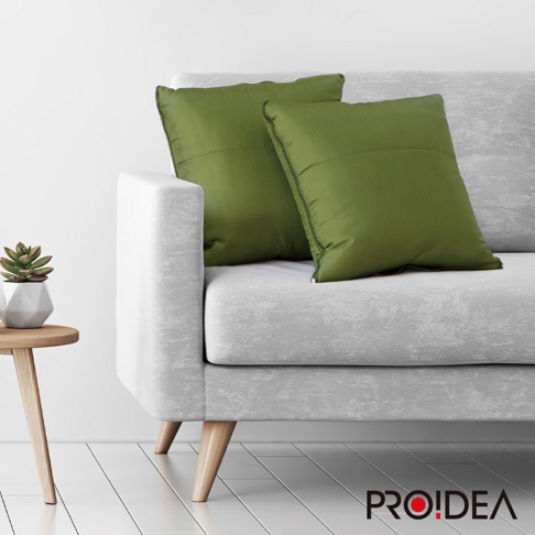 兩個橄欖綠的抱枕，其中一個抱枕的拉鍊部分可見，擺放在淺灰色的沙發上。