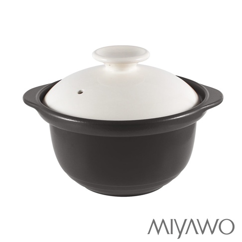 褐白雙蓋炊飯陶鍋，鍋身為深灰色，鍋蓋為白色，帶有單孔透氣設計及圓形提把。