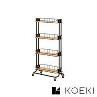 Mash四層置物多用途收納推車 BCR-640，黑色金屬框架搭配木質層板，設有網狀側邊圍欄，底部有四個萬向輪，方便移動。