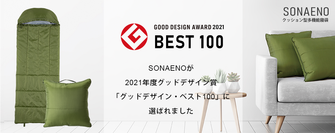 綠色兩用睡袋，可收納成抱枕，配有提把，適合室內避難使用。