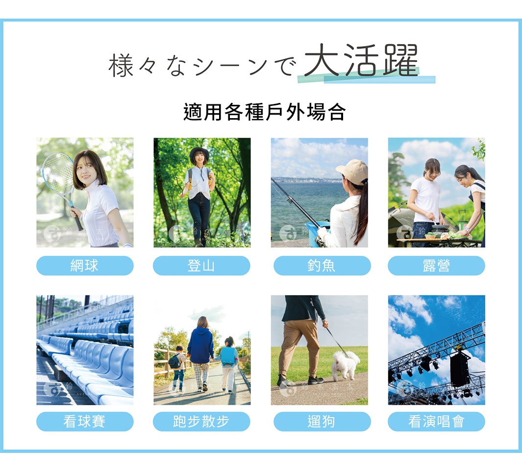 圖片顯示了八個適合使用 MARUFUKU 丸福纖維 YAKENU 爽COOL 吸汗降溫遮陽半面罩的戶外生活場景，包含網球、登山、釣魚、露營、看球賽、跑步散步、遛狗以及看演唱會，透過一系列人物在不同情境下的活動，展示該產品在各類戶外休閒與運動場合中的廣泛應用。