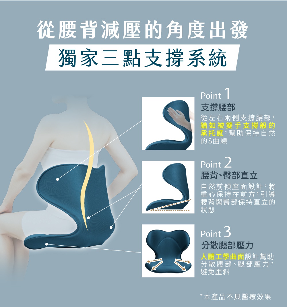 SMART 美姿調整椅-輕奢款，藍色布質，S型設計，能支撐腰部、腰背臀部與分散腿部壓力，有效改善坐姿。