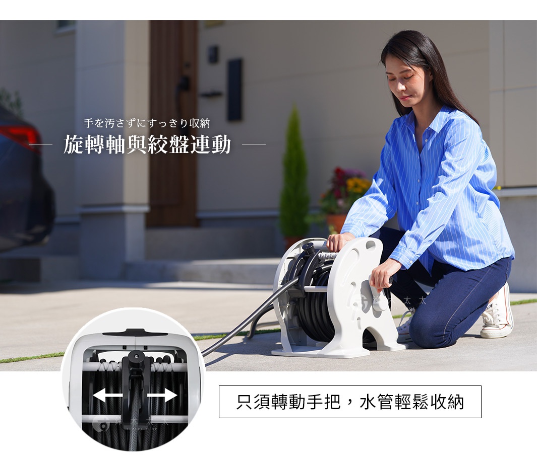 takagi 穩定灑水組 Mercury 2 Twister 20m RT220CG7：手不沾污，旋轉軸與絞盤連動，輕鬆收納水管。