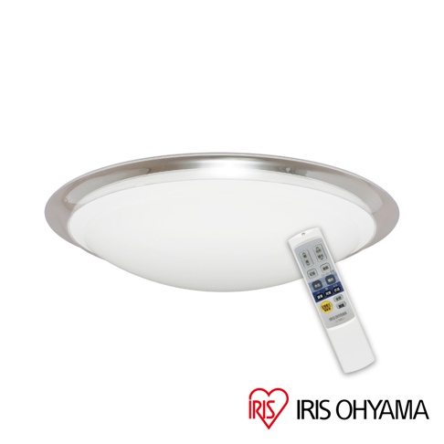 白色半透明圓框LED吸頂燈，配有白色遙控器，燈具邊緣為銀色金屬飾條。