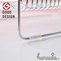 不鏽鋼碗碟架的局部特寫，展示了銀色金屬材質的碗碟架支架，帶有透明的固定組件，以及紅色的背景。