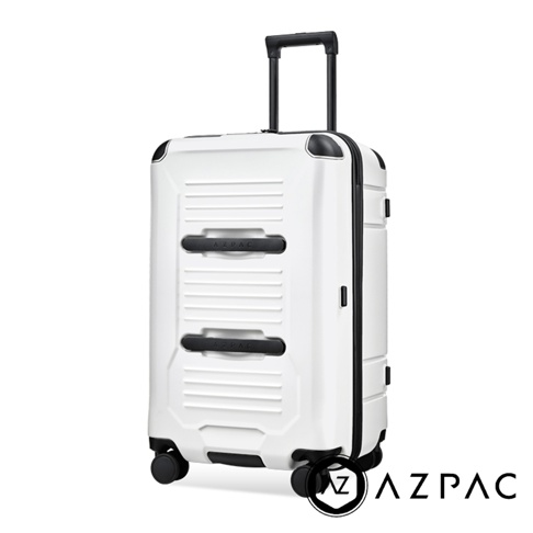 AZPAC Trucker 3.0 26吋白色煞車防爆行李箱，設有兩個提把、黑色拉桿和輪子。