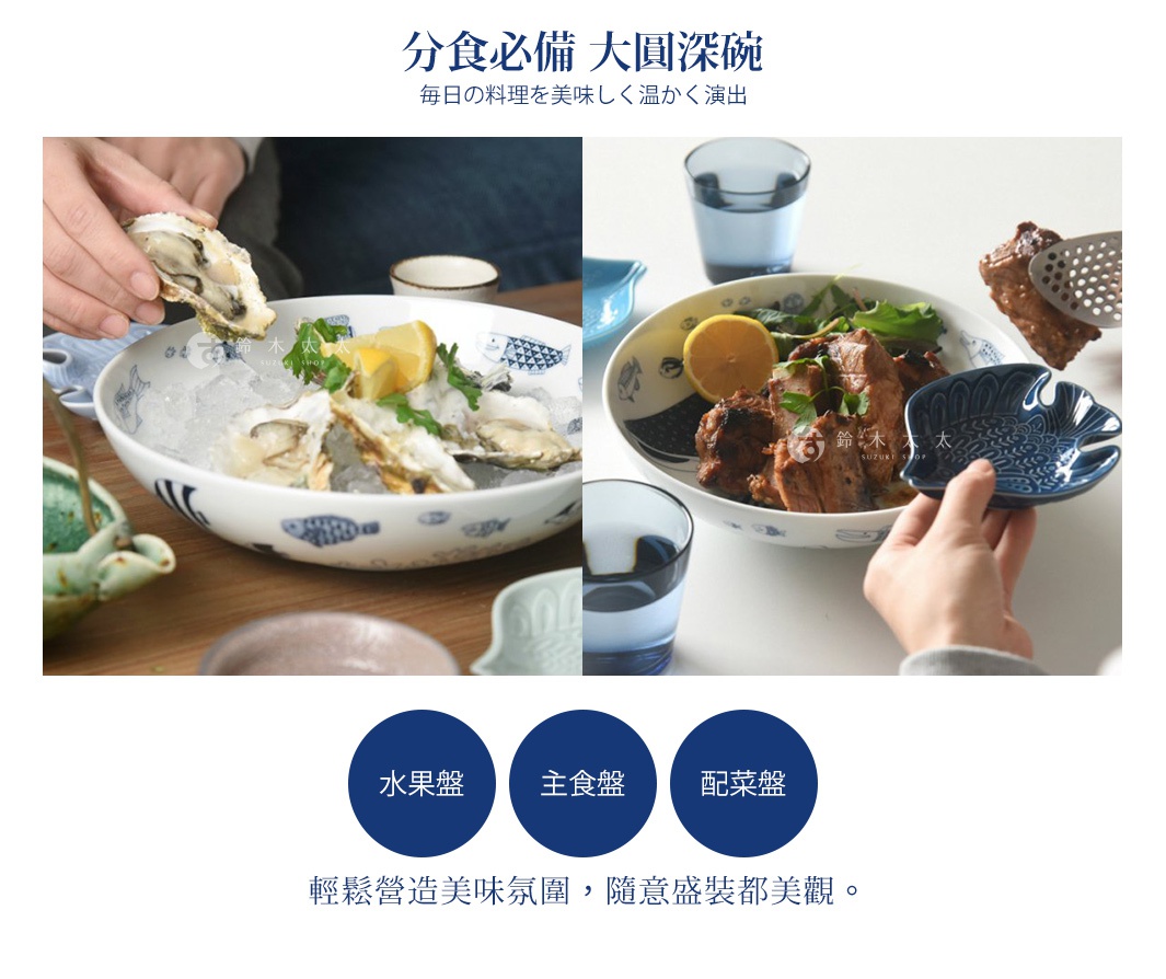 白色陶瓷大圓深碗，碗內飾有藍色魚紋圖案，碗中盛有生蠔、檸檬和冰塊；另一碗裝有烤肉和配菜，一旁有藍色魚形小碟。