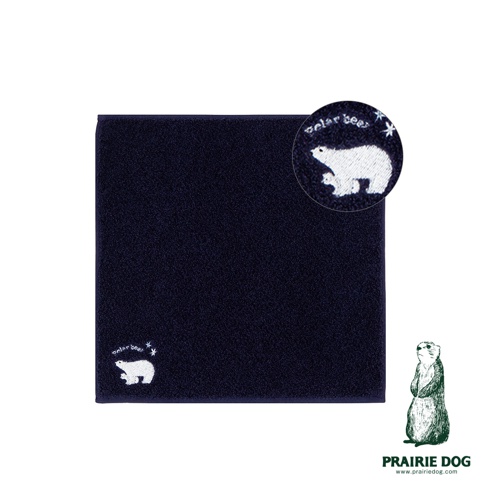 深藍色今治精梳棉方巾，繡有白色北極熊母子圖案及「polar bear」字樣，角落另有一放大刺繡特寫。