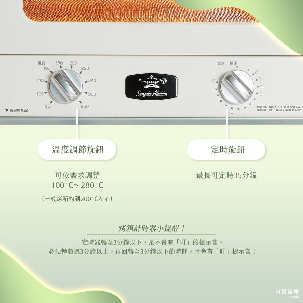 烤箱的溫度調節旋鈕和定時旋鈕，顯示溫度範圍為 100°C 至 280°C，定時最長可設定 15 分鐘。
