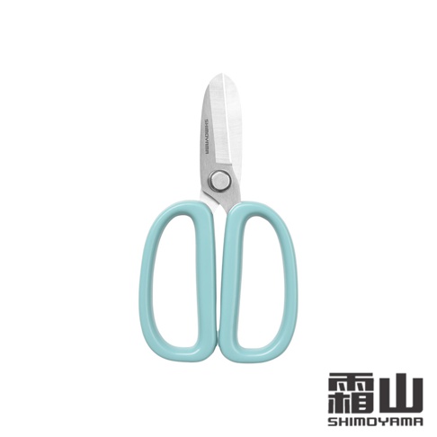 日本霜山加寬舒適握柄藍色園藝剪刀，刀刃上印有 SHIMOYAMA 字樣