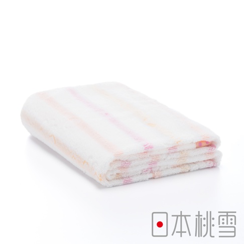 今治小花浴巾，白色毛圈材質，織有粉色、橘色細條紋。