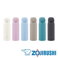 六款不同顏色（米白、粉紅、淺藍、米灰、青藍、深灰）的 0.48L 不鏽鋼一體式中栓彈蓋式真空保溫保冷杯，杯身為霧面材質，頂部有彈蓋設計。