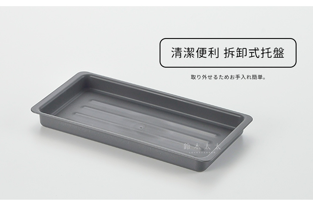 灰色塑膠材質的抽屜式收納櫃，長方形、帶有淺淺的邊緣，內部有直條紋路。