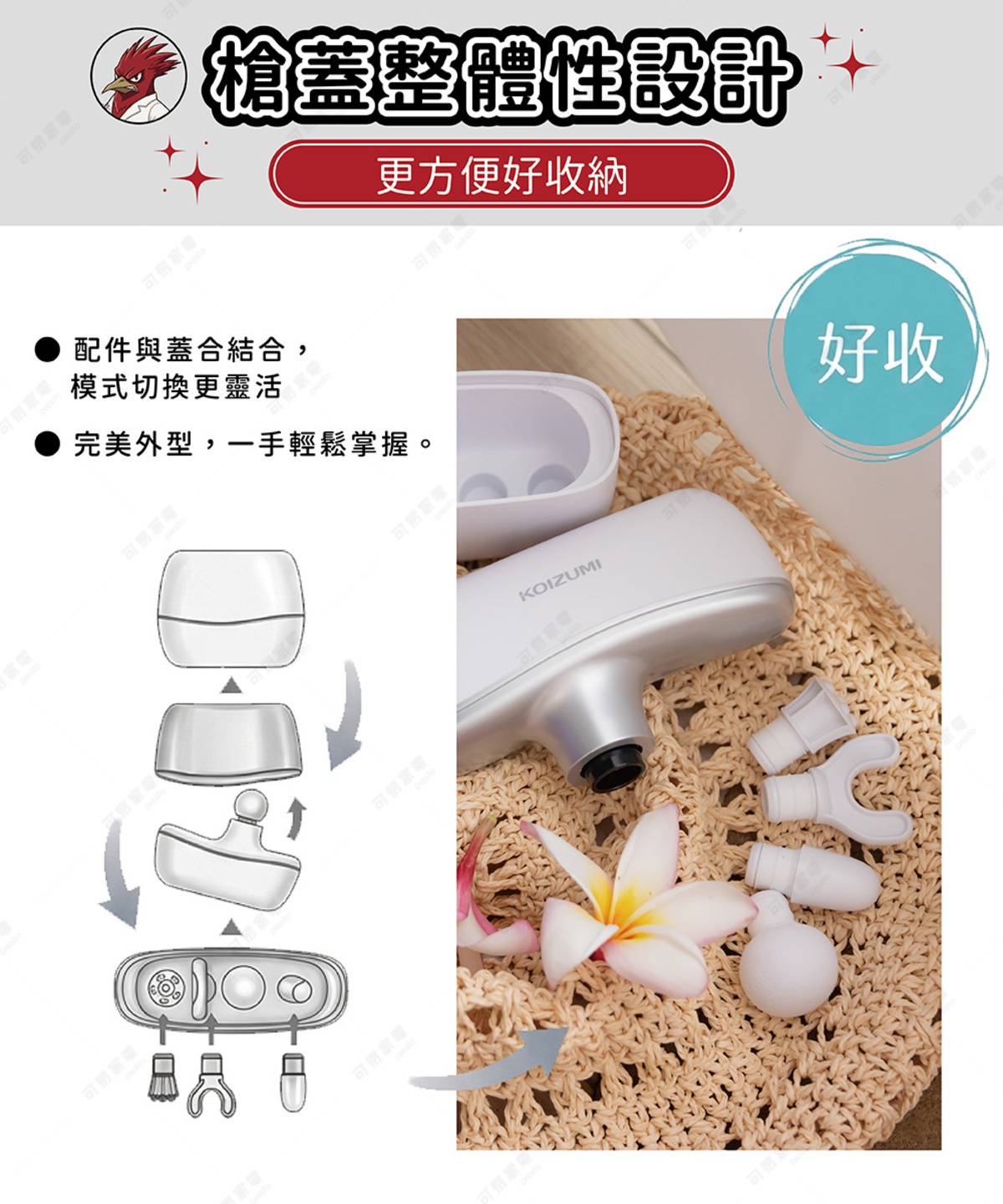 圖片文字：槍蓋整體性設計，更方便好收納，配件與蓋合結合，模式切換更靈活，完美外型，一手輕鬆掌握。這張圖片展示了一款 KOIZUMI 筋膜槍的收納設計，左側繪製了詳細的拆解與安裝圖解，顯示槍蓋與機身結合的過程，右側則是一張實拍圖，展示銀色機身放置於編織墊上，周圍環繞著多款白色按摩頭配件，並點綴著一朵白色雞蛋花。