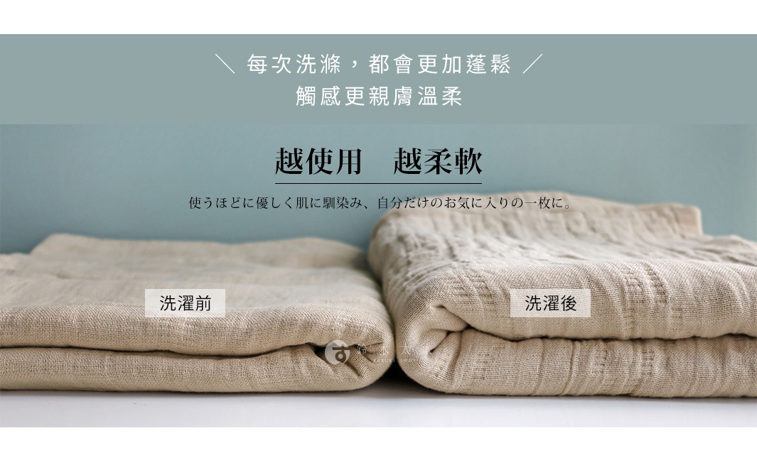 圖片文字：每次洗滌，都會更加蓬鬆，觸感更親膚溫柔 越使用 越柔軟 使うほどに優しく肌に馴染み、自分だけのお気に入りの一枚に。 洗濯前 洗濯後