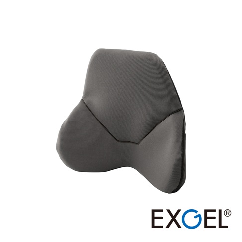 日本 EXGEL 汽車用一體式透氣背靠墊，產品呈現深灰色質感，具有特殊的人體工學弧形剪裁設計，表面覆蓋細緻透氣布料，右下角標有 EXGEL 品牌名稱。