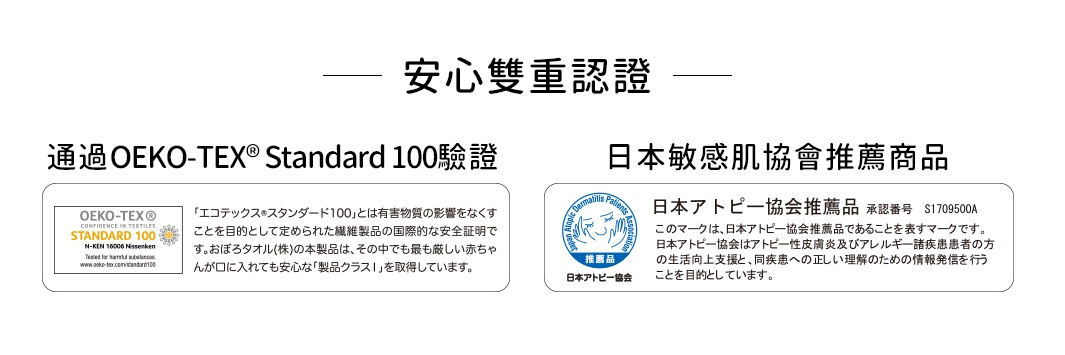 ECO 日常好吸水永續毛巾產品認證標誌，包含 OEKO-TEX® Standard 100 驗證標誌及日本皮膚過敏協會推薦標誌。
