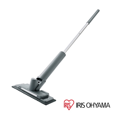 灰色電動平板拖把，配備可調節的銀色金屬桿和灰色握把，下方為灰色拖地頭，帶有黑色底座。