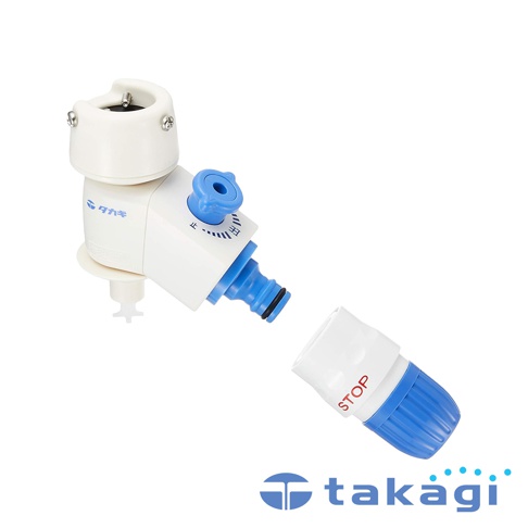 takagi 洗衣機水龍頭分水轉接頭，白色主體搭配藍色旋鈕和接口，標有日文文字和STOP標識。