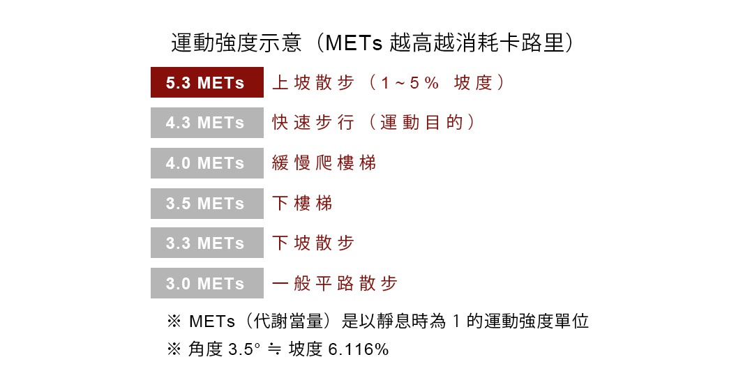 運動強度示意表，包含METs數值與對應活動，如上坡散步、快速步行、爬樓梯、下坡散步及平路散步。